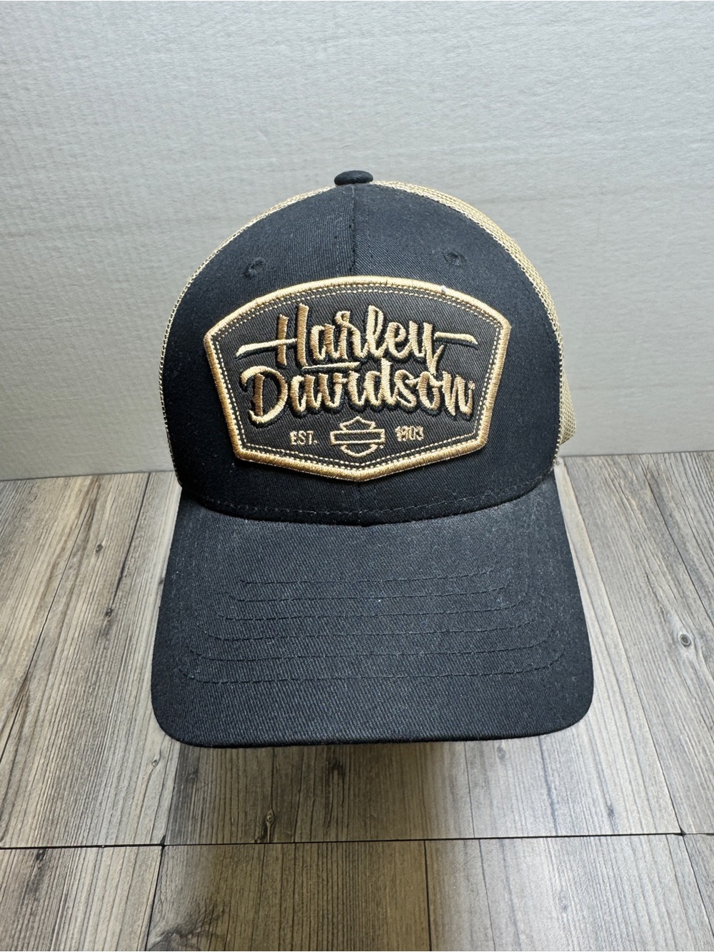 New Harley-Davidson Men's Patched Up Snapback Mesh Adult Trucker Hat Black Tan
